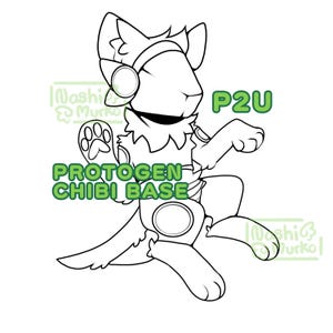 May include: Line art of a Protogen Chibi Base character in a dynamic pose. The character has a stylized head with a visor, a fluffy neck, and a paw print. Text includes "Protogen Chibi Base" and "P2U" in green.