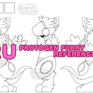 May include: Line art illustration of a Protogen furry character in three poses. The image includes the text "P2U PROTOGEN FURRY REFERENCE SHEET" in pink. The character has a visor, robotic features, and a tail.