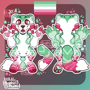 May include: A digital character reference sheet featuring a white, mint green, and pink anthropomorphic creature. The illustration displays front and back views, with large paws, a long tail, and a flag with horizontal stripes of green, white, and pink.
