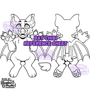 May include: A black and white line art reference sheet featuring a chibi bat character. The front view shows the bat with large ears, wide eyes, and outstretched wings. The back view displays the wings and tail. Text reads BAT CHIBI REFERENCE SHEET.
