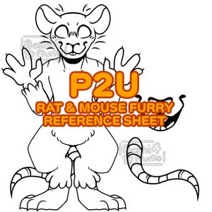 Op de afbeelding: Zwart-wit lijntekening van een cartoon rat of muis furry karakter. De afbeelding bevat de tekst "P2U" in oranje en "RAT & MOUSE FURRY REFERENCE SHEET" in oranje en rood.