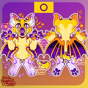 May include: A digital character reference sheet featuring a yellow and purple creature with bat-like wings, shown from both front and back views. The creature has large ears, paw pads, and a galaxy-patterned wing interior. Text reads Base by Nashi Murko.