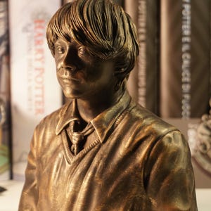 Op de afbeelding: Een bronzen buste van een jonge man met kort, gelaagd haar, gekleed in een overhemd met kraag en stropdas. De buste staat tegen een achtergrond van hardcover boeken met gouden letters. De sculptuur heeft een gedetailleerde textuur.
