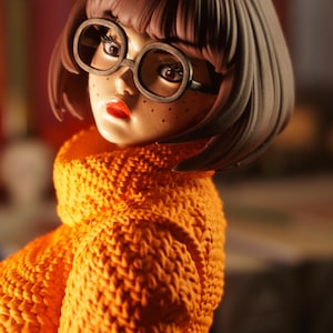 Può includere: Statuetta di un personaggio con capelli castani, grandi occhiali rotondi e un maglione arancione. La statuetta ha un viso dettagliato con lentiggini e rossetto rosso. Il maglione ha un motivo a maglia strutturato.