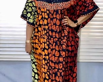 African Ankara Hand Beaded Round Neck Maxi Bubu/Dress