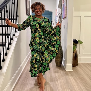 African  Ankara Wax Green Floral Fashion Dress