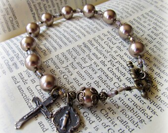Rosary Bracelet Handmade Miraculous Medal Love Black Bronze Catholic