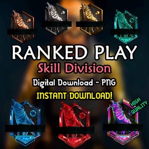 May include: Digital graphic featuring seven stylized wolf emblems in various colors, including bronze, silver, and gold, set against a dark background. The text "RANKED PLAY Skill Division" and "INSTANT DOWNLOAD!" are also displayed.