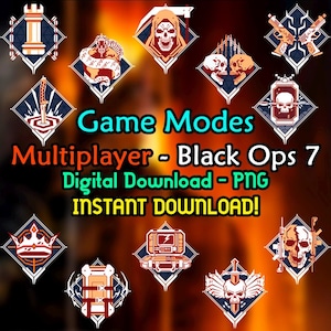 Puede incluir: Gráfico de descarga digital con varios iconos de modos de juego. La imagen incluye el texto "Game Modes Multiplayer - Black Ops 7 Digital Download - PNG INSTANT DOWNLOAD!". Los iconos tienen forma de diamante con detalles en rojo, blanco y azul.