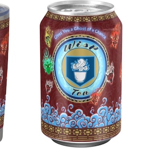 May include: A tumbler and two cans of Wisp Tea. The products are a deep red with a repeating pattern and blue accents. The Wisp Tea logo is centered on each item, with the text "Gives You a Ghost of a Chance" above the logo.