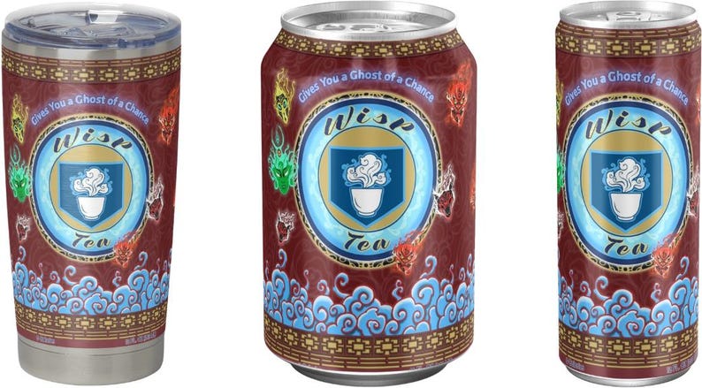 May include: A tumbler and two cans of Wisp Tea. The products are a deep red with a repeating pattern and blue accents. The Wisp Tea logo is centered on each item, with the text "Gives You a Ghost of a Chance" above the logo.