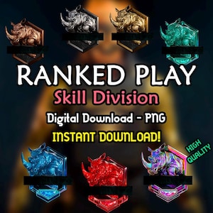 May include: Digital download of seven different ranked play skill division icons featuring a rhinoceros in various colors and designs. The icons are in a hexagonal shape with a black background and a white border. The text "RANKED PLAY Skill Division" is displayed in white letters on a black background. The text "Digital Download - PNG INSTANT DOWNLOAD!" is displayed in yellow letters on a black background. The text "HIGH QUALITY" is displayed in white letters on a black background.