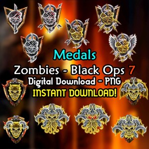 Può includere: Medaglie digitali con disegni di teschi in oro, argento e rosso. Il testo "Medals Zombies - Black Ops 7 Digital Download - PNG INSTANT DOWNLOAD!" è presente. Le medaglie hanno forme diverse.