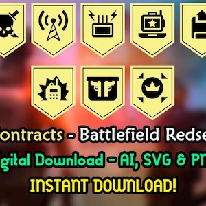 May include: A digital download graphic featuring eight yellow pennants with black icons, including a skull, antenna, and laptop. Text at the bottom reads "Contracts - Battlefield Redsec" and "Digital Download - AI, SVG & PNG INSTANT DOWNLOAD!"