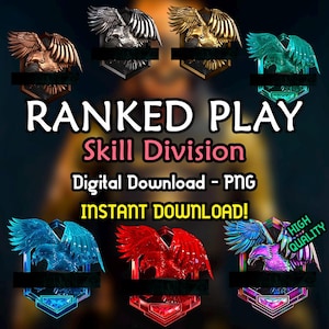 May include: Digital download of 10 different ranked play skill division icons for a video game. The icons feature a variety of colors and designs, including blue, red, green, purple, and gold. The icons are labeled with the text "Ranked Play Skill Division" and "Instant Download!"