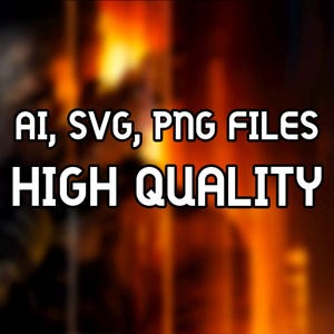 以下が含まれることがあります： テキスト付きの画像：AI、SVG、PNG FILES。「HIGH QUALITY」というテキストも表示されます。背景はオレンジと茶色のぼやけたグラデーションです。