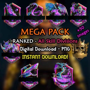 Pode incluir: Um pacote de download digital de 50 imagens com vários designs coloridos, iridescentes e holográficos. As imagens são de criaturas míticas, animais e formas abstratas. O pacote é para jogadores classificados em todas as divisões de habilidades. O texto "MEGA PACK", "RANKED - All Skill Divisions", "Digital Download - PNG" e "INSTANT DOWNLOAD!" é exibido na imagem.