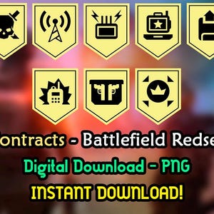 May include: A digital graphic featuring seven yellow pennants with black icons, including a skull, antenna, and laptop. The text "Contracts - Battlefield Redsec" and "Digital Download - PNG INSTANT DOWNLOAD!" are also present.
