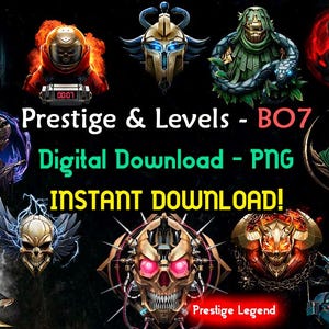Può includere: Una collezione di icone di personaggi digitali con varie figure corazzate, teschi ed entità incappucciate con occhi luminosi e dettagli metallici. Il testo recita Prestige & Levels - BO7, Digital Download - PNG, INSTANT DOWNLOAD! e Prestige Legend.