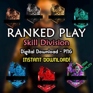 May include: Digital download of six different ranked play skill division icons for a video game. The icons feature a gorilla in different colors and poses. The text "RANKED PLAY Skill Division" and "INSTANT DOWNLOAD!" is displayed on the image.
