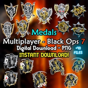 Puede incluir: Colección de medallas digitales con diseños de calaveras y serpientes, junto con ilustraciones de la Parca. El texto dice "Medals Multiplayer - Black Ops 7 Digital Download - PNG +40 FILES INSTANT DOWNLOAD!"