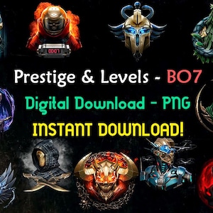 Puede incluir: Una descarga digital con varios diseños de personajes con armaduras y cascos futuristas. La imagen incluye el texto "Prestige & Levels - BO7", "Digital Download - PNG" y "INSTANT DOWNLOAD!" sobre un fondo negro.