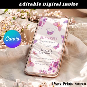 Cartes d'invitation numériques modifiables pour anniversaire sur le thème des papillons, cartes d'invitation modifiables sur toile, cartes d'invitation numériques personnalisables pour portable | Article correspondant : 2