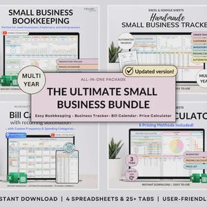 May include: The Ultimate Small Business Bundle, an all-in-one package with 4 spreadsheets and 25+ tabs. Includes bookkeeping, business tracker, bill calendar, and price calculator. Features instant download and user-friendly design.