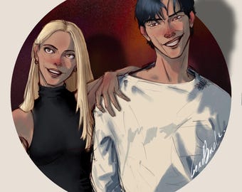 Op de afbeelding: Een digitale illustratie van een man en een vrouw die lachen. De vrouw heeft blond haar en draagt een zwarte turtleneck. De man heeft donker haar en draagt een wit shirt. De achtergrond is een rode cirkel.