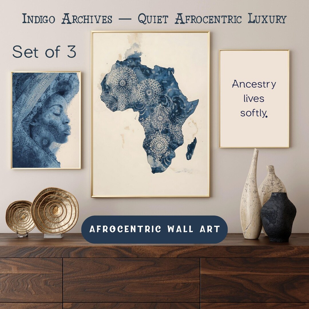 Afrocentric Wall Art Set (3), Blue Abstract Africa, Black Woman ...