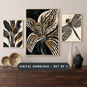 Afro Boho Botanical Wall Art Set (3), Black and Beige Neutral Prints, Minimalist Afrocentric Decor