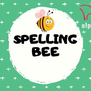 以下が含まれることがあります： 黒い縁取りのある白い円の中に、黒い文字で「SPELLING BEE」と書かれています。円の左上には、黄色と黒の縞模様のピンクの羽根を持つ漫画の蜂がいます。背景は緑色で、白いプラス記号のパターンがあります。
