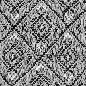 May include: Close-up of a white, open-weave textile with a geometric diamond pattern. The design features interconnected diamond shapes with small, circular accents, creating a delicate and airy texture. The background is black, enhancing the contrast.