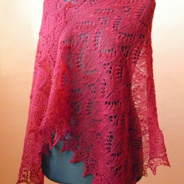 Hand knitted  lace shawl, deep red, made with Queen Silvia pattern- READY TO SHIP