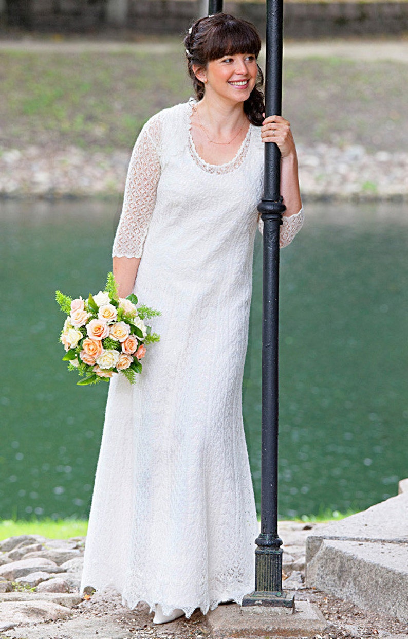 Hand knitted festive/ wedding dress fine natural white