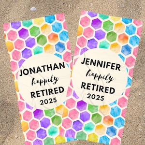 Personalized Retirement Beach Towel: Custom Name & Year, Vibrant Hexagon Design