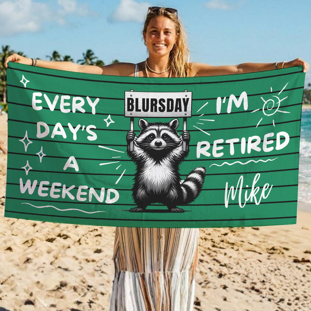 Funny Raccoon Blursday Beach Towel, Personalized Retirement Gift ...