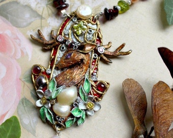 Stag Art Jewellery, Doe Art Jewelry, Wearable Art Necklace, OOAK Art Nouveau Deer Necklace, Medieval Stag Necklace, Fantasy Art Jewelry