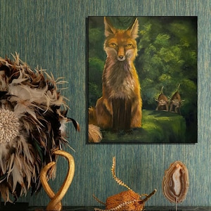 Oil painting &quot;Fox&quot; on meadow Wildlife art Forest illustration Meadow landscape art Wild animal painting Serene nature art Animal lovers gift