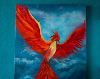 フェニックスの絵画：キャンバスに油彩を描いたインパスト画 - 燃える