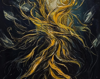 May include: An oil painting on canvas depicts a figure with flowing golden hair and a crown, set against a dark background. The figure wears a white garment and a necklace with a key pendant. The artwork features dynamic brushstrokes.