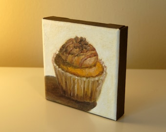 Caramel Cupcake  | 4"x4" | Original Oil Painting