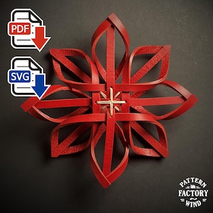 Op de afbeelding: Een handgemaakt rood leren starburst-ontwerp. De starburst is gemaakt van verweven leren strips, met een goudkleurig midden. De afbeelding bevat ook PDF- en SVG-downloadpictogrammen en het Pattern Factory Wind-logo.
