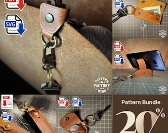 May include: A digital pattern bundle for leather goods including a key fob, a small coin pouch, and a phone stand. The images display tan leather items with metal snaps, key rings, and lobster clasps, alongside PDF and SVG file download icons.