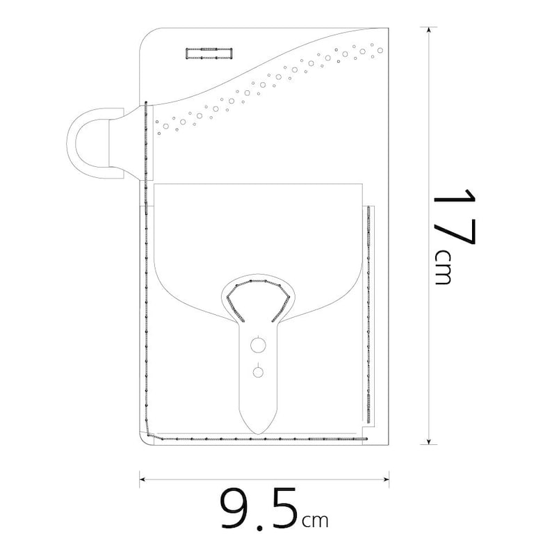 May include: A top-down view of a white leather bag design. The bag is 17 cm tall and 9.5 cm wide. It features a front pocket, a handle, and decorative stitching around the edges. The design includes a flap closure with two small buttons.