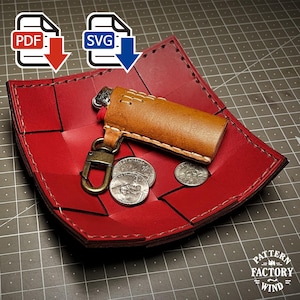 May include: A red leather tray with a woven design holds a brown leather lighter case, coins, and a metal clasp. The tray is square-shaped with stitched edges. PDF and SVG icons are in the top left corner.