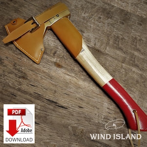 May include: A red and natural wood handled axe with a leather sheath. The axe is on a wooden surface. The text "WIND ISLAND" is visible in the image.