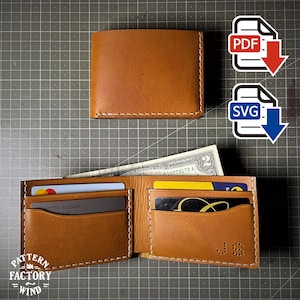 May include: A brown leather wallet, open to reveal cash and credit cards, with white stitching detail. A closed wallet sits above. The wallet is embossed with the initials "JB". The image also includes PDF and SVG icons.