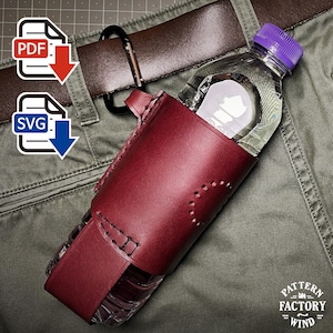 May include: A burgundy leather water bottle holder with a stitched design, attached to a brown belt with a black carabiner. A clear water bottle with a purple cap is inside the holder. The image also includes PDF and SVG icons.