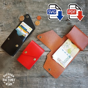 Può includere: Portafogli in pelle neri, rossi e marroni, aperti e chiusi, che mostrano carte, contanti e monete. L'immagine include icone SVG e PDF e il testo "PATTERN FACTORY WIND".